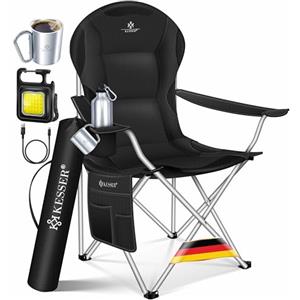 KESSER Sedia da campeggio pieghevole fino a 150 kg, sedia pieghevole imbottita con braccioli, schienale alto, sedia da spiaggia, sgabello pieghevole con luce da campeggio, porta bevande, borsa e tazza