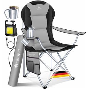 KESSER Sedia da campeggio pieghevole fino a 150 kg, sedia pieghevole imbottita con braccioli, schienale alto, sedia da spiaggia, sgabello pieghevole con luce da campeggio, porta bevande, borsa e tazza