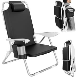 BAKAJI Spiaggina Pieghevole Portatile Sedia Sdraio da Spiaggia Richiudibile Struttura in Alluminio Tubolare con Tasca Porta Tutto Sacca Porta Oggetti Borsa Termica Integrata e Spallacci Zaino (Nero)