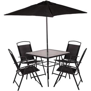Shally Dogan Set 6 Pezzi da Pranzo per Giardino con Ombrellone, 4 Sedie Pieghevoli e 1 Tavolo con Ripiano in Vetro Temperato, Resistente Raggi UV, Arredamento Esterno, Patio, Terrazzo (Nero)