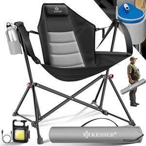 KESSER® Sedia da Campeggio fino a 160 kg, Sedia da Pesca, con Braccioli, Luce da Campeggio+Portabevande+Borsa, con Schienale Alto, con Funzione Dondolo, Imbottita, Pieghevole, Grigio/Nero