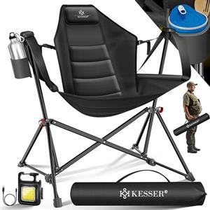 KESSER® Sedia da Campeggio fino a 160 kg, Sedia da Pesca, con Braccioli, Luce da Campeggio+Portabevande+Borsa, con Schienale Alto, con Funzione Dondolo, Imbottita, Pieghevole, Nero/Nero