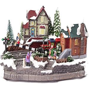 Generico Villaggio di Natale Trenino con Movimento su binari, Giostrina Stazione Treno con Luci e Musica Scenario Paesaggio Natalizio Parco Giochi Carillon con luci Musicale 34x21x22 cm