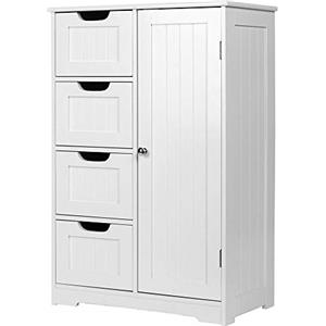 BAKAJI Mobile Armadietto Bagno 4 Cassetti e Anta con 2 Ripiani Interni Mobiletto Cassettiera Multiuso in Legno MDF Bianco Dimensione 55 x 81 cm