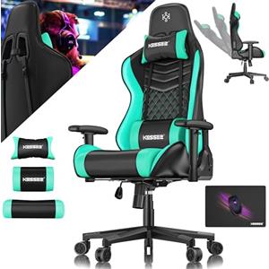 KESSER® Sedia da gaming, ergonomica, da ufficio, con poggiatesta e cuscino lombare, portata 150 kg, bracciolo girevole a 360°, sedia da gioco e ruote in gomma