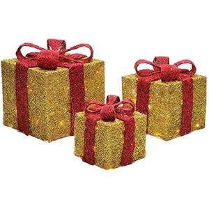 Generico Set 3 Pacchetti Pacchi Regalo Luminosi di Natale Oro Glitter e Rosso con Decorazioni Stelle Addobbi 70 Luci LED Natalizie Scatole Luminose Box Natale con Luci Natalizie