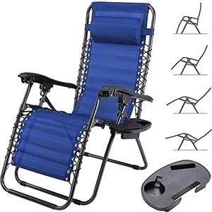 BAKAJI Sedia gravità Zero Sdraio da Giardino Poltrona Relax Pieghevole Salvaspazio con Vassoio Tubolari Acciaio 22mm Reclinabile Tessuto in Texilene Traspirante Terrazzo Piscina Esterno (Blu)