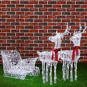 BAKAJI Slitta e Renne Natalizie 3D Luminose 240 Luci LED Bianco Freddo Carro di Natale per Esterno da Giardino a Batterie 7 Effetti Luminosi Altezza Renne 68cm Slitta 35 cm