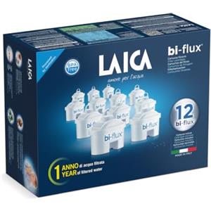 LAICA bi-flux® Filtro per Acqua - Preserva i Sali Minerali Utili all'Organismo e Riduce Cloro e Calcare - 12 Mesi di Acqua Buona e Filtrata (12 Filtri x 150L) - Made in Italy