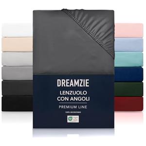 Dreamzie Lenzuolo con Angoli Matrimoniale 160x200 cm - Altezza Materasso fino a 33 cm- 100% Microfibra - Grigio Scuro - Certificato Oeko TEX, Lenzuola Letto con Angoli ed Elastico