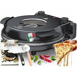KESSER® Forno elettrico per pizza fino a 400 gradi, 1200 W, con piastra in pietra refrattaria e timer, diametro 32 cm, 5 livelli di calore e finestra di visualizzazione, con tagliapizza e ricettario