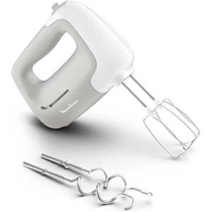 Moulinex HM450 PrepMix, Sbattitore Elettrico, Potenza di 450 W, 5 Velocità Regolabili e un Pulsante Turbo, 2 Lame in Acciaio Inox, 2 Ganci Impastatori, Utilizzo Confortevole, Bianco e Grigio