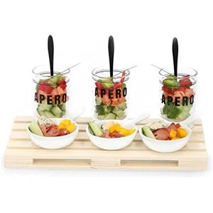 BAKAJI Set Aperitivo con 3 Ciotole Ciotoline in Ceramica + 3 Bicchieri e Vassoio Pallet da Tavola in Legno con Cucchiaini per Stuzzichini Contorni Snack Finger Food Design Moderno 24 x 16 x 2 cm