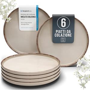 PURE LIVING INTERIOR DESIGN Set di Piatti in Steingut per 6 Persone Rustic - 6 Piatto della colazione Moderni Lavabili in Lavastoviglie - Elegante Servizio di Piatti per 6 Persone, Set Moderno - Pure Living beige