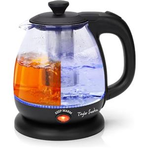 Taylor Swoden Abel - Bollitore Elettrico da 1 Litro, Bollitore in Vetro Borosilicato 2200W, Luce Led, funzione di Mantenimento Caldo, Con Infusore e Filtro Rimovibile, Teiera BPA-Free