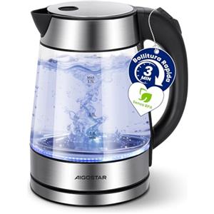 Aigostar Bollitore Elettrico in Vetro Acciaio Inox 1,7 Litri - Bollitura Rapida Electric Kettle 2200W, illuminazione a LED, Vetro Borosilicato, Senza BPA, Filtro Anticalcare, Spegnimento Automatico