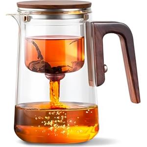 Avilia - Teiera in Vetro con Infusore da 600/800ml con Manico Effetto Legno Antiscottatura, Infusore a Pressione Integrato per Tè e Tisane, Chiusura Ermetica, Facile da Usare e da Pulire