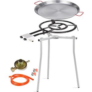 PALUPLUS Set Paellera Composto da: Cavalletto Treppiede Regolabile, Padella Paella da 46 cm, Bruciatore a Gas da 40 cm a 2 Fuochi e Regolatore di Pressione, per Cene ed Eventi