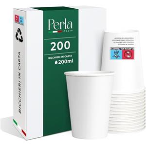 Perla Italia Perla - 200 Bicchieri di Carta da 200 ml - Bicchiere Monouso Biodegradabile Ecologico - Adatto per Bevande Fredde e Calde - Bicchieri per Acqua usa e getta (Bianco)