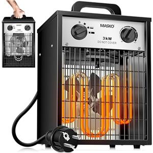 MASKO® Stufa elettrica Termoventilatore Riscaldatore da cantiere con termostato integrato, Riscaldatore elettrico con 3 livelli di calore, Termoventilatore per uso interno, bianco, 3 KW