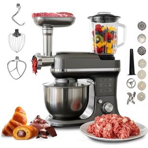 Avilia - Robot da Cucina Planetaria 1900W 5 in 1 con Tritacarne, Frullatore in Vetro 1,5L, Ciotola Acciaio Inox 6,5L, 6 Velocità e Funzione Pulse, Testa Inclinabile e 13 Accessori Completi