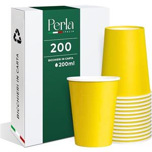 Perla Italia Perla - 200 Bicchieri di Carta da 200 ml - Bicchiere Monouso Biodegradabile Ecologico - Adatto per Bevande Fredde e Calde - Bicchieri per Acqua usa e getta (Giallo)