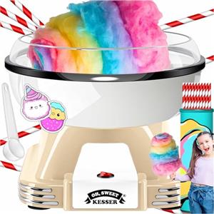 KESSER® Set di Macchine per Zucchero Filato per la Tua casa, con 30 Bastoncini di Zucchero Filato e cucchiai dosatori - Macchina retrò Cotton Candy, con Accessori - Altezza 22 cm - 500 W Bianco Crema