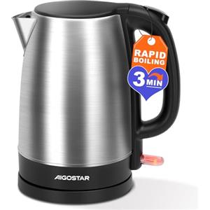 Aigostar Milo - Bollitore Acqua Elettrico 2200W, Capacità 1,7L, Bollitori In Acciaio Inox spazzolato, Senza BPA con Spegnimento Automatico e Protezione da Bollitura a Secco, Filtro Anticalcare, Nero