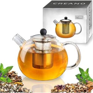 Creano Teiera in Vetro 1,6 Litro con Filtro e Copercio Acciaio Inossidabile Integrato Antigoccia Elegante Teiera Trasparente per Tè e Infusi Regalo Perfetto