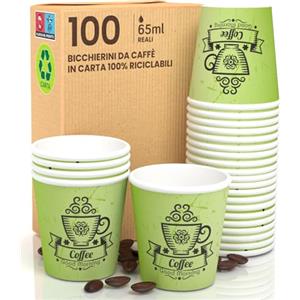 Eurocali 100 Bicchierini in Carta da caffè CuzcoGreenCUP Bicchieri Ecologici Biodegradabili Monouso PICCOLI Asporto Bevande Calde 65ml