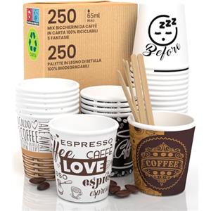 Baciato Caffè 250 Bicchierini in Carta per caffè 65ml Bicchieri Ecologici Biodegradabili e Monouso Piccoli Asporto Bevande Calde + 250 Palettine in legno di Betulla Mix Fantasia