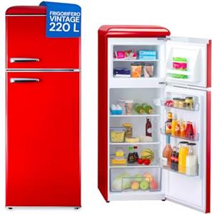 Wintem - Frigorifero Doppia Porta da 220L con Freezer Integrato, Sistema Total Defrost e Ripiani in Vetro Temperato, Frigorifero Silenzioso per Ambienti Vintage e Moderni Rosso