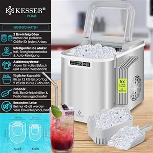 KESSER® Macchina del Ghiaccio | Macchina per Il Ghiaccio in Acciaio Inox | Macchina per Il Ghiaccio | 12 kg 24 h | Preparazione in 7 min | Serbatoio dell'Acqua da 2,2 Litri | Display a LED