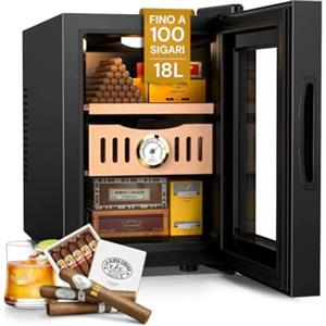 Wintem Umidificatore per 100 Sigari 55W con Temperatura Regolabile 16°/22°C - Due Mensole in Legno e Lettore di Umidità - Frigo Compatto ed Elegante Nero per Sigari Toscani e Cubani 26,5x51,5x39,3cm