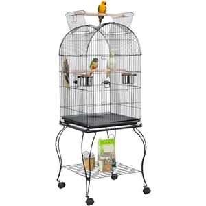 Yaheetech Gabbia Voliera per Uccelli Pappagalli con Carrello e Tetto Apribile in Metallo e Legno Nero 59 x 59 x 150 cm