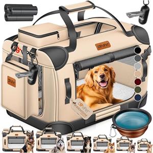 LOVPET Borsa per il trasporto per cani e gatti, S, 50 x 34 x 36 cm, pieghevole, per cani e gatti, con ciotola per cani e cani, colore beige