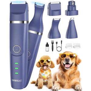 oneisall Tosatrice silenzioso per cani e gatti 4 in 1 completo, tagliacapelli ricaricabile per cani, taglia zampe e affila artigli con 4 testine multiuso per la depilazione di tutto il corpo (Blu)