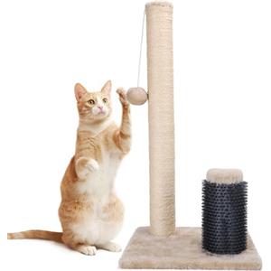 Nobleza Tiragraffi per gatti, palo per tiragraffi, corda in sisal naturale con palline giocattolo e pettine in silicone per gatti, 60 x 30 x 30 cm, colore beige