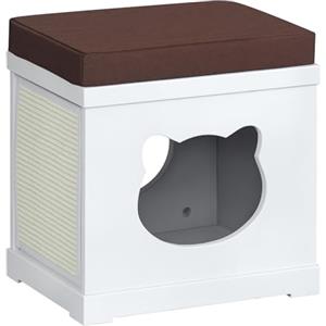 PawHut Cuccia Casetta per Gatti in Legno con 2 Cuscini e Tiragraffi Rimovibili, Bianco e Marrone, 41x30x36cm