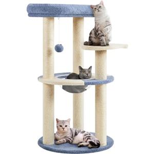 Yaheetech Albero per Gatti Alto 90 cm, Tiragraffi per Gatti con Trespolo Imbottito, Piattaforma a Forma di Pesce, Tana Trasparente, Pompon, Gioco Giocattolo, Blu e Beige