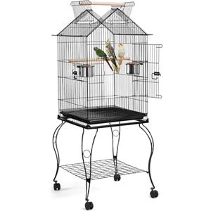Yaheetech Gabbia Voliera per Uccelli Pappagalli Calopsite Inseparabili in Metallo con Piedistallo Tetto Apribile Chiudibile Nera 59 x 59 x 145 cm