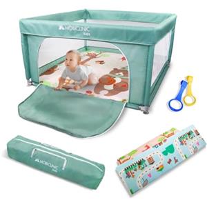 Mobiclinic®kids, Box per bambini + tappeto neonato reversibile, Pieghevole, 125x125cm, Borsa il trasporto, Traspirante, Happyland, Lavabile, Maniglie, Recinto, Entrata laterale
