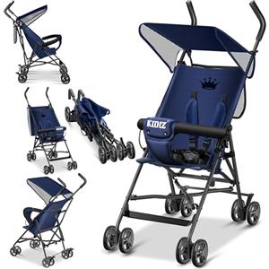KIDIZ Passeggino pieghevole 360°, ruote 4", con parasole, cintura sicurezza 5 punti da 6 mesi, blu/blu navy