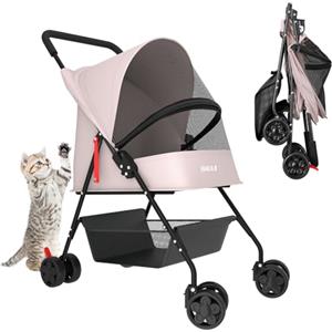 BAKAJI Passeggino per Animali Domestici Carico Massimo 15kg, Carrozzina per Cani e Gatti Pieghevole e Salvaspazio con Cestello Portaoggetti e Ruote Bloccabili, Cappottina Protettiva Anti UV (Rosa)