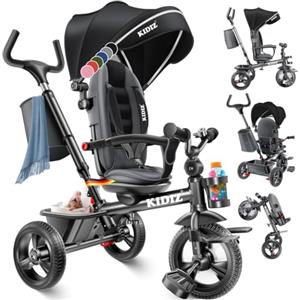 KIDIZ® Triciclo 5 in 1 per bambini, con asta di spinta, sistema di sterzo a partire da 1 anno, jogging in avanti e indietro, cestino per bevande, tettuccio parasole, ruote in gomma, passeggino