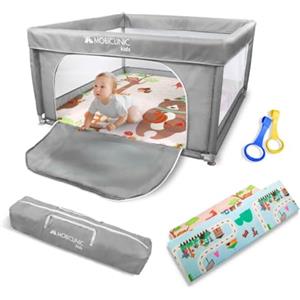 Mobiclinic®kids, Box per bambini + tappeto neonato reversibile, Pieghevole, 125x125cm, Borsa il trasporto, Traspirante, Happyland, Lavabile, Maniglie, Recinto (grigio)