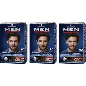 Schwarzkopf, Men Perfect, Tinta per Capelli, in Gel, Copertura dei Capelli Bianchi per Uomo, Risultato Effetto Naturale, Dura Fino a 28 Shampoo, Tonalità 80 Castano Nero Naturale, 3 confezioni