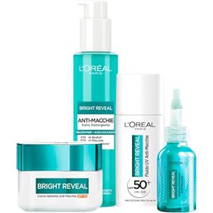 L'Oreal Paris L'Oréal Paris Bright Reveal Kit Viso Anti-Macchie Crema Idratante SPF 50 50ml + Fluido UV SPF 50+ 50ml + Peeling Esfoliante 25ml + Siero Detergente con Niacinamide e Acido Salicilico 150ml - Set da 4