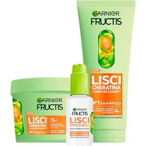 Garnier Fructis Lisci Cheratina Set Shampoo 200ml + Maschera Trattamento Lisciante Cheratina Vegetale e Olio di Argan 370ml + Siero Termoprotettore Lisci Impeccabili 50ml per Capelli Crespi - Set da 3