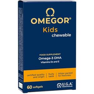 Omegor Omega 3 Bambini OMEGOR Kids 3+ Anni (60 Capsule Masticabili alla Frutta) - Ideale per Cervello, Vista, Ossa e Difese Immunitarie per Bambini con Vitamine D3 ed E - Ricco di EPA e DHA